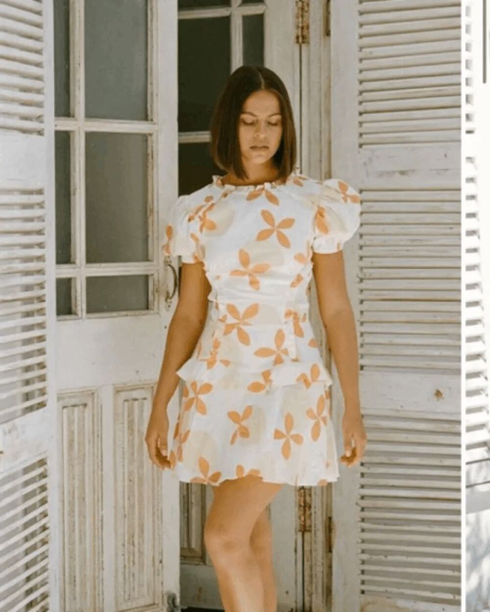 Sabo Skirt Cream Orange Floral Puff Sleeve Mini Peplum Dress Women's Size Small